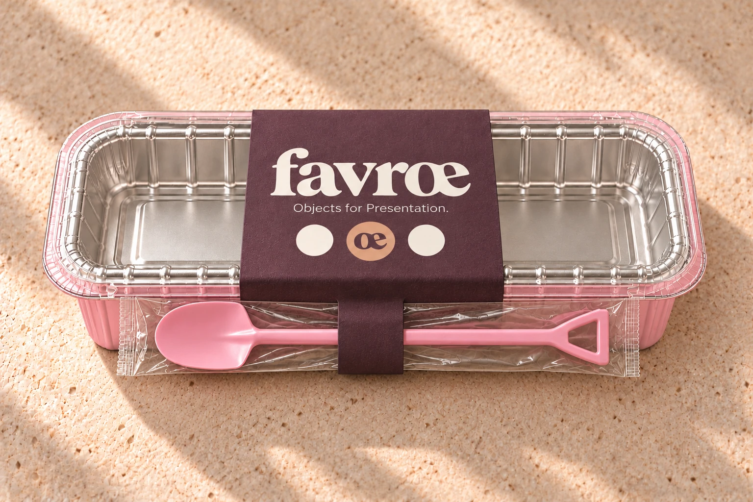 Brand concept: aubergine FAVRŒ sleeve around an empty pink aluminum food container with a pink mini shovel spoon, shown in long rectangular proportions. Illustrative mockup; actual inventory photography pending.